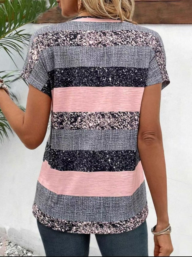 Damen Kurzarm Blusenshirt mit ansprechendem Streifendesign und dekorativen Knopfdetails Heidi-Mode