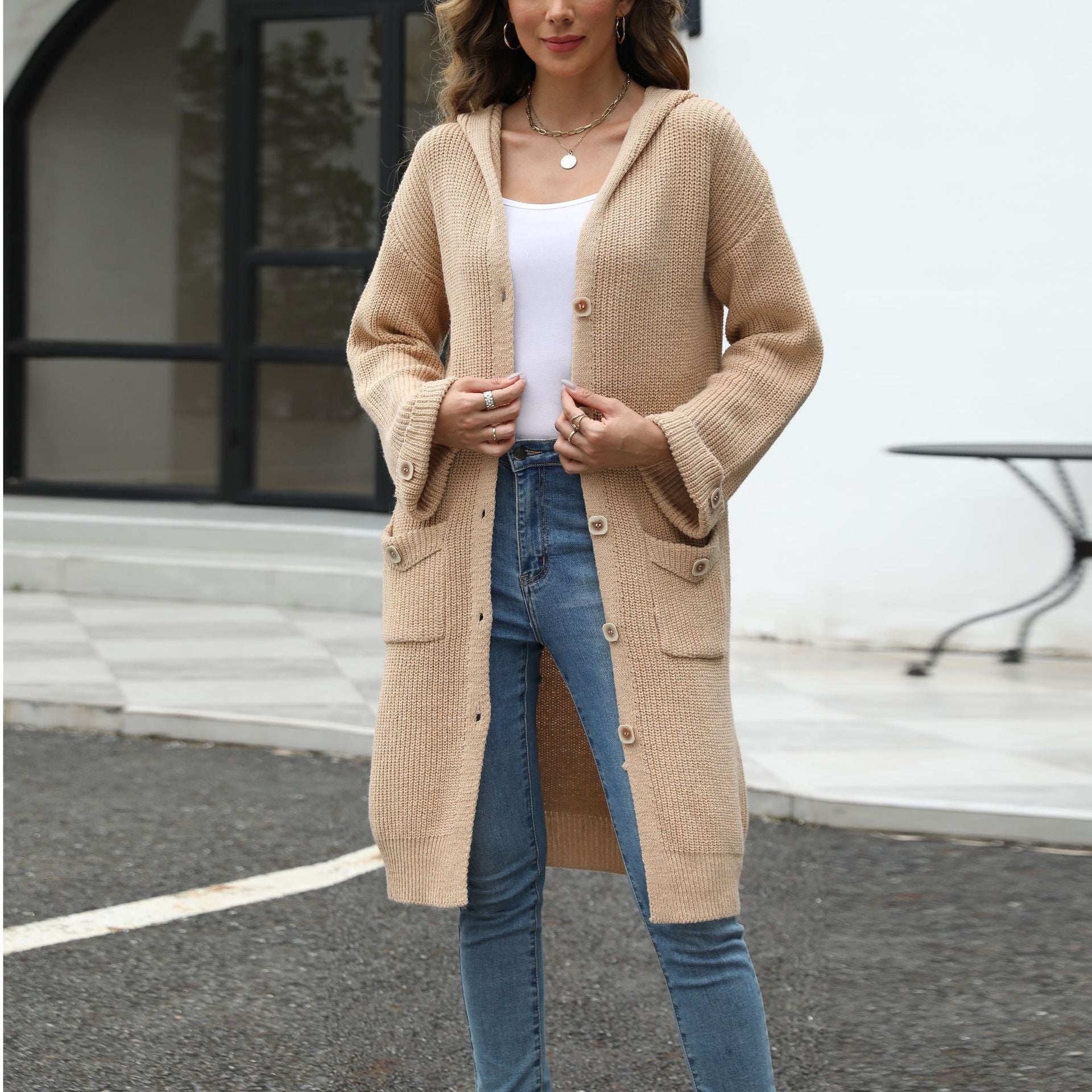 Damen Grobstrick-CARDIGAN mit praktischen Knopfdetails und weiten Ärmeln R&B
