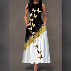 Damen Maxikleid mit buntem Schmetterlingsdruck und fließendem Saum