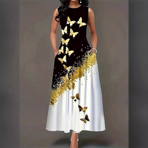 Damen Maxikleid mit buntem Schmetterlingsdruck und fließendem Saum R&B