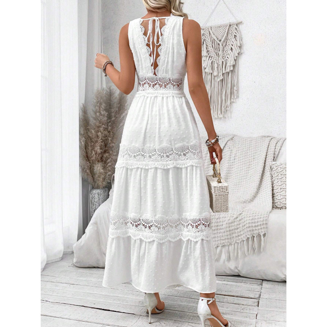 Damen romantisches Maxikleid mit Spitzenapplikationen und punktiertem Design R&B