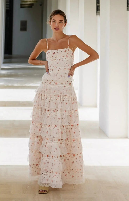 Damen Maxikleid mit floralen Rüschendetails und Spaghettiträgern R&B