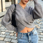 Damen cropped Wickelpullover aus strukturiertem Material