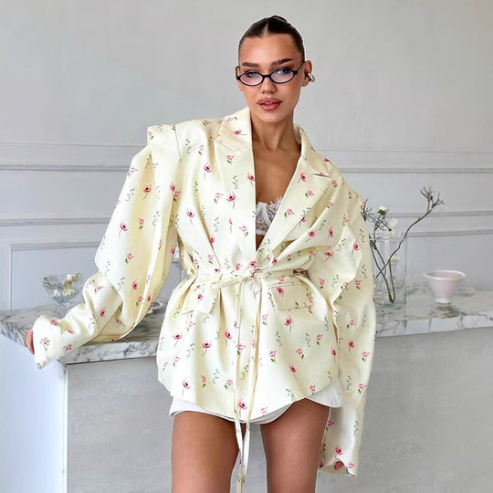 Damen elegante Blazerjacke mit floralem Design und Taillengürtel R&B