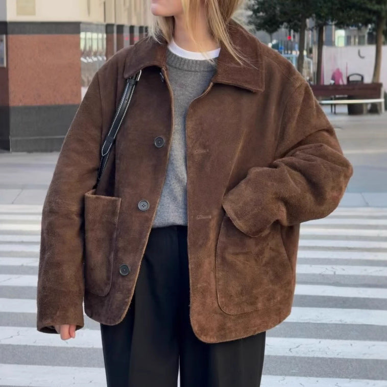 Damen Oversized Teddyjacke mit Knopfverschluss und großen Taschen R&B