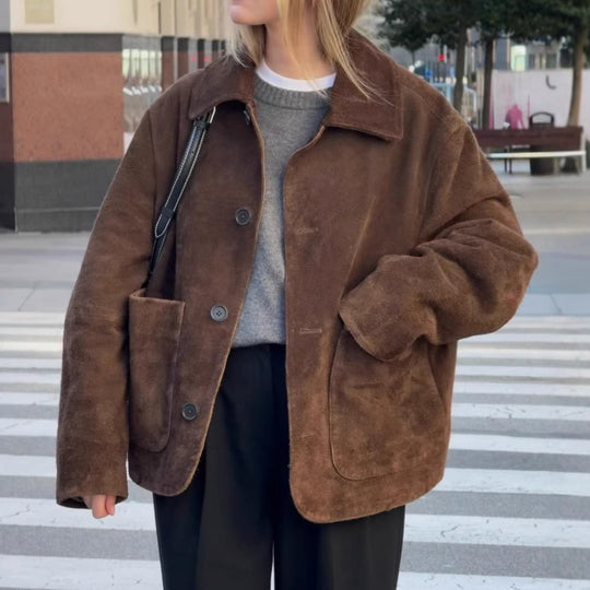 Damen Oversized Teddyjacke mit Knopfverschluss und großen Taschen R&B
