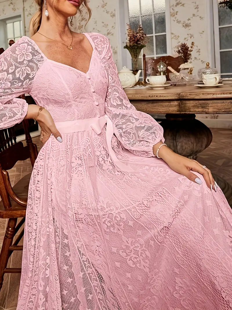 Damen Elegantes Spitze Midi-Kleid mit puffärmel und Taillenbindung R&B
