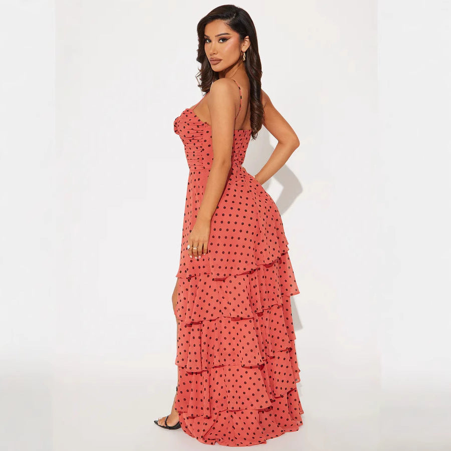 Damen Verspieltes Polka-Dots Maxikleid mit asymmetrischem Rock und floralen Akzenten R&B