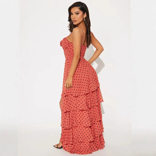 Damen Verspieltes Polka-Dots Maxikleid mit asymmetrischem Rock und floralen Akzenten R&B