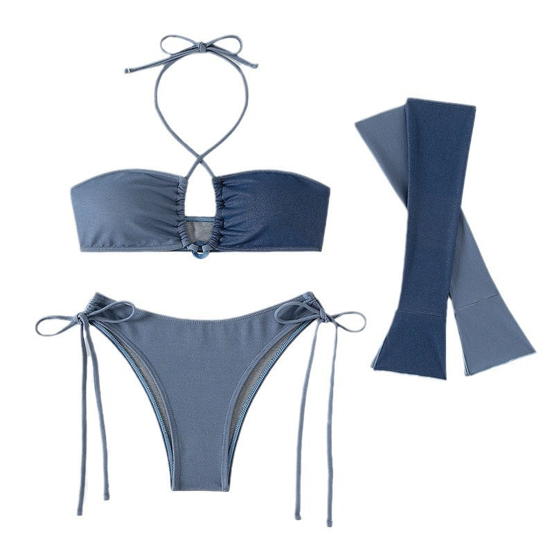 Damen Bandeau-Bikini-Set mit asymmetrischen Ärmeln und verstellbaren Trägern R&B