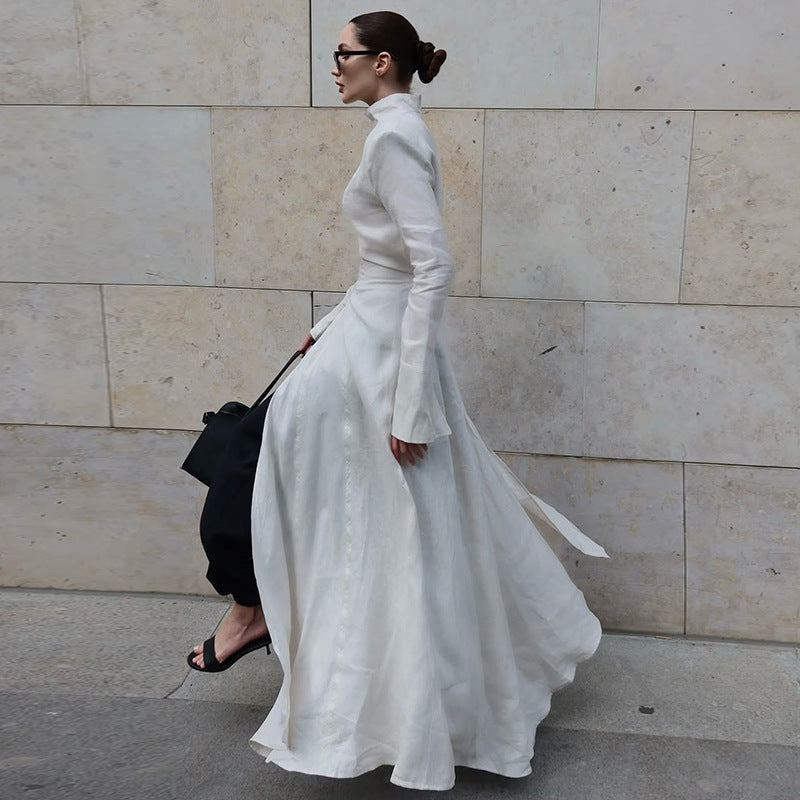 Damen elegantes Maxikleid mit hochgeschlossenem Kragen und asymmetrischem Farbdesign R&B