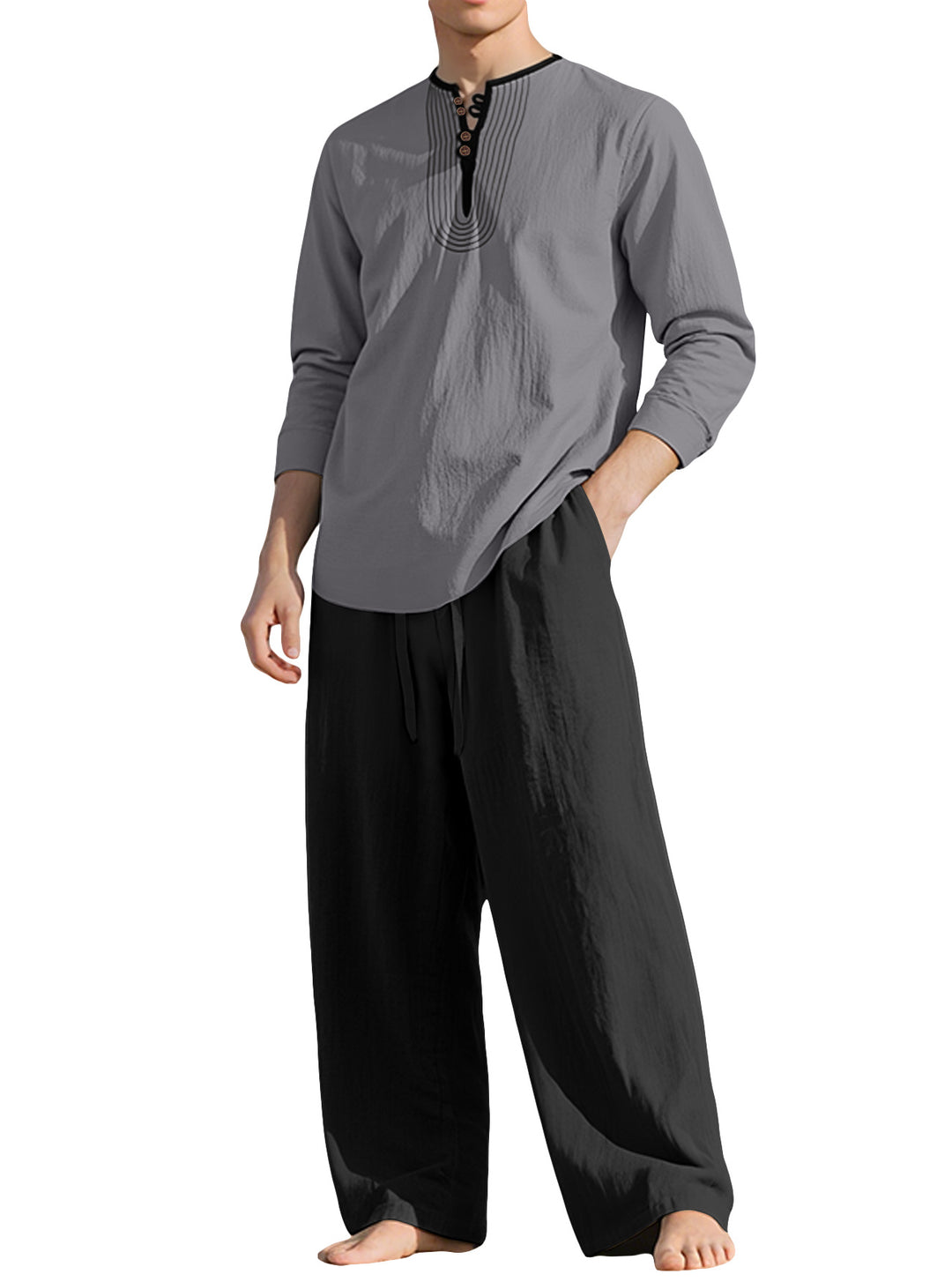 Herren nan Tunika- und Palazzohose-Set mit Henley-Blende, Zierstickerei und weitem Schnitt R&B
