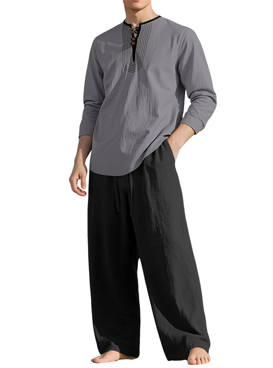 Herren nan Tunika- und Palazzohose-Set mit Henley-Blende, Zierstickerei und weitem Schnitt R&B