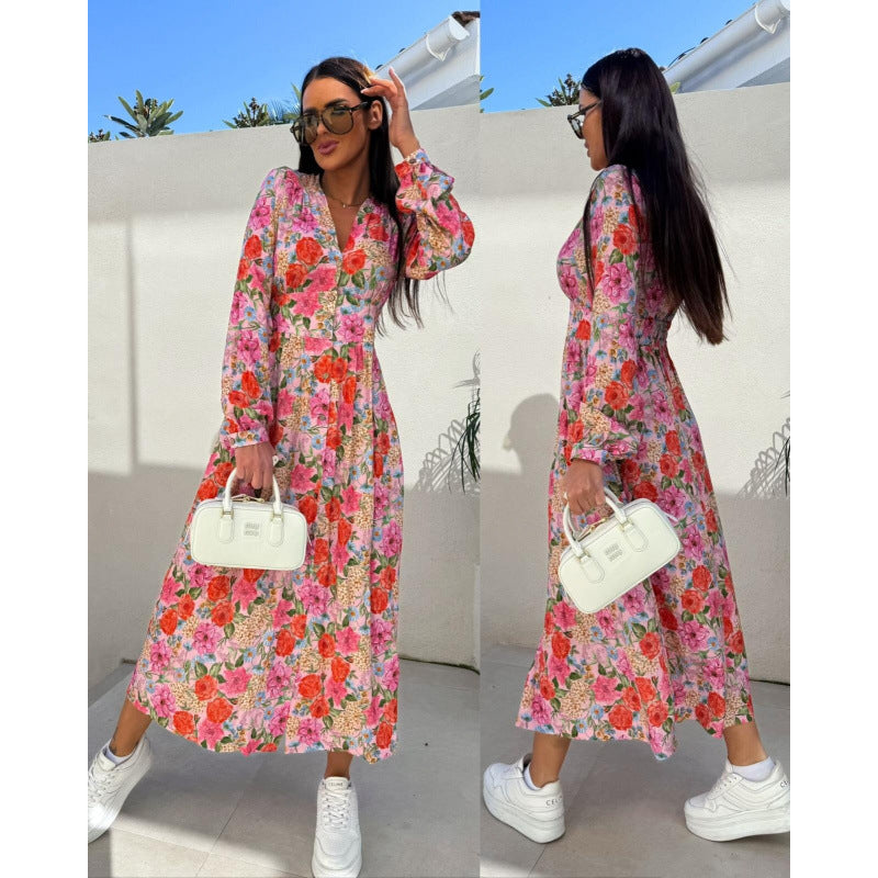 Damen Floral Knopf-Augen Maxi Kleid R&B