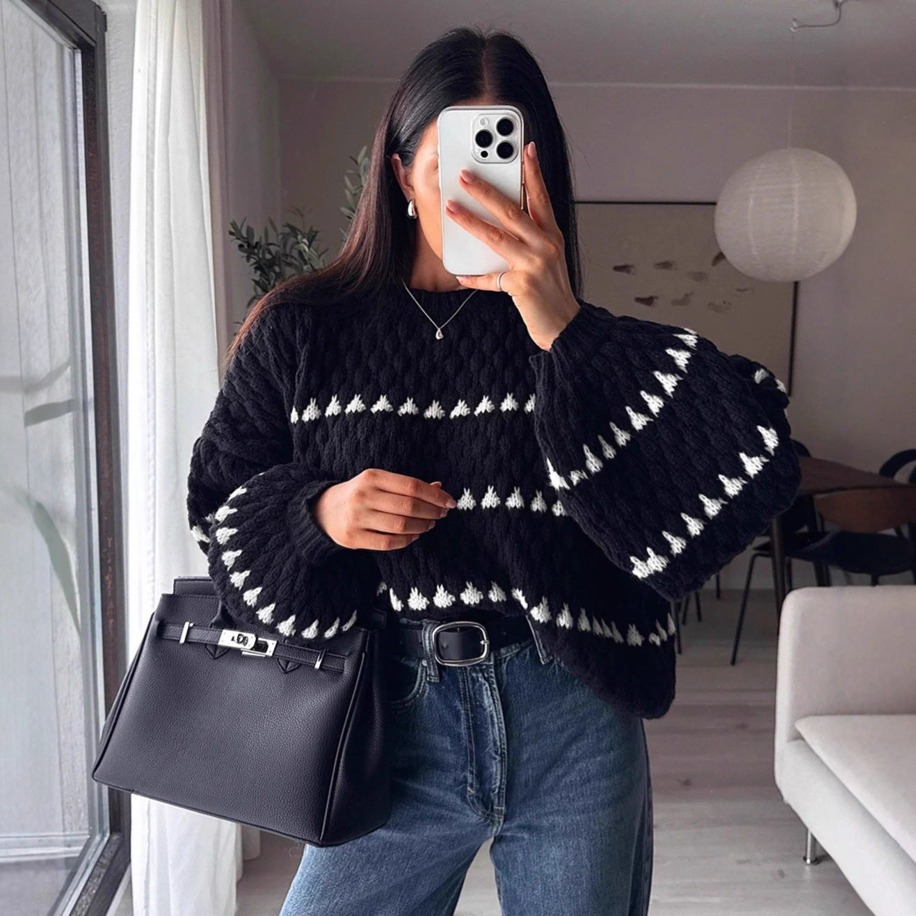 Damen Grobstrickpullover mit voluminösen Ärmeln und strukturiertem Muster R&B