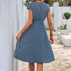 Damen Midi Sommerkleid mit bindbarem Taillengürtel und grafischem Muster R&B