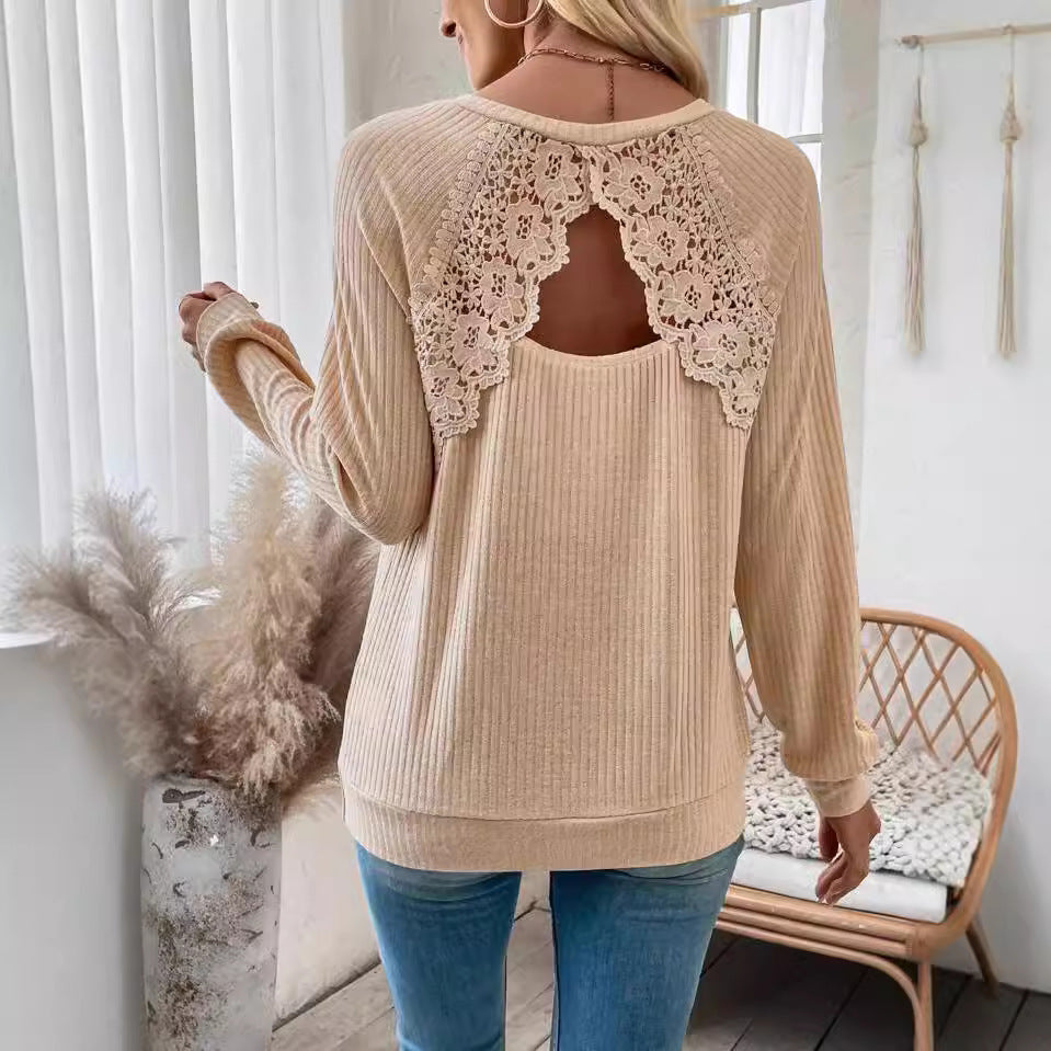 Damen nan Rippenstrick-Langarmshirt mit floraler Spitzenapplikation und markantem Rückenausschnitt R&B