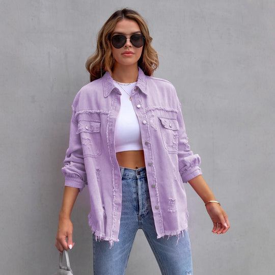 Damen Jeansjacke im lässigen Oversize-Schnitt mit fransigen Details R&B