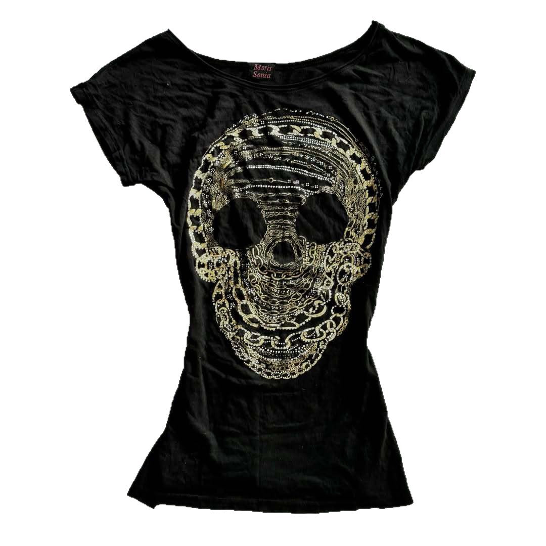 Damen T-Shirt mit schickem Skelettmotiv und Glitzerakzenten