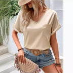 Damen Satin V-Ausschnitt T-Shirt mit Brusttasche und Lässigem Schnitt R&B
