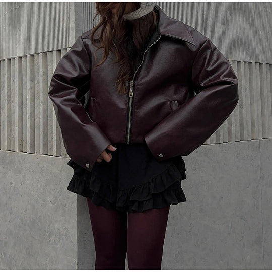 Damen modische Kunstlederjacke mit weitem Schnitt R&B