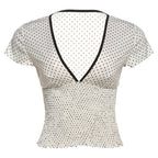Damen Elegantes V-Ausschnitt Oberteil mit Rüschen und Punkten R&B