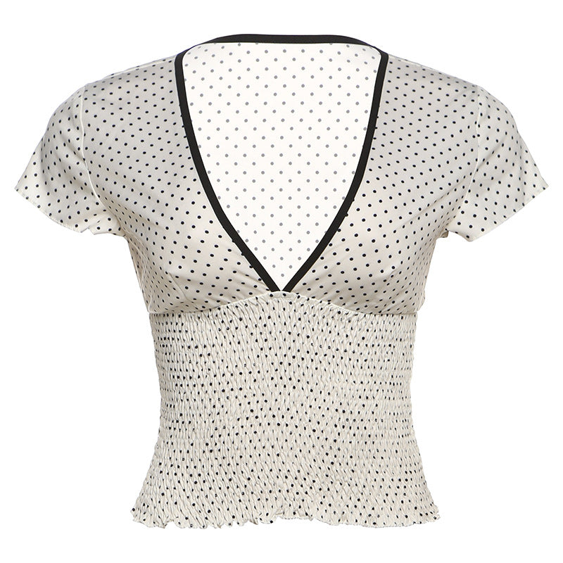 Damen Elegantes V-Ausschnitt Oberteil mit Rüschen und Punkten R&B