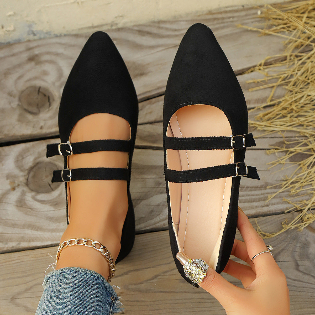 Damen elegante Ballerinas mit doppeltem Riemen und spitzem Design R&B