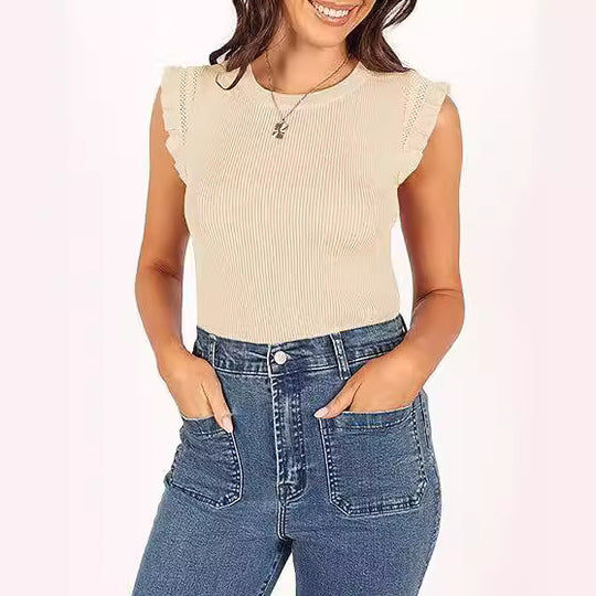 Damen figurbetontes Ripp-Shirt mit Rüschen R&B