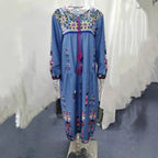 Damen nan besticktes Maxikleid mit langen Ärmeln, Quastenverschluss und folkloristischer Stickerei R&B