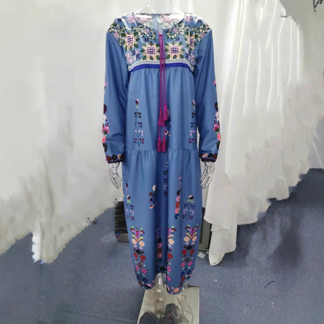 Damen nan besticktes Maxikleid mit langen Ärmeln, Quastenverschluss und folkloristischer Stickerei R&B