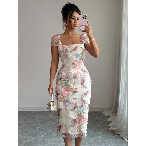 Damen Midikleid mit floralem Muster und zarter Rüschendetails R&B