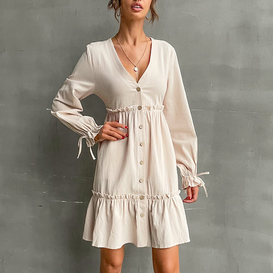 Damen lässiges Minikleid mit knöpfbarem V-Ausschnitt und voluminösen Ärmeln R&B
