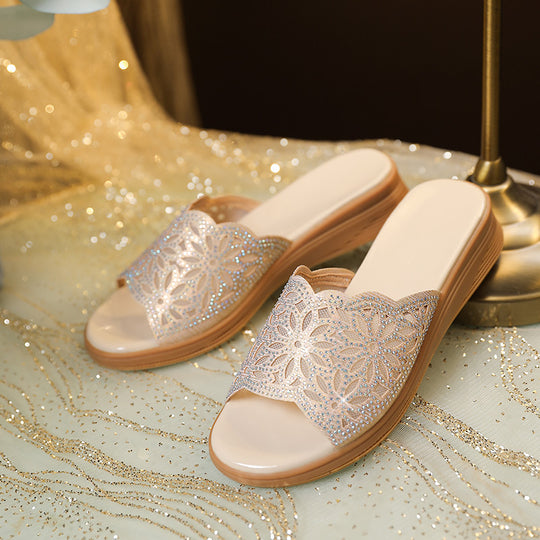 Damen Elegante Wedge-Sandaletten mit funkelndem Blütenmuster und komfortablem Fußbett R&B