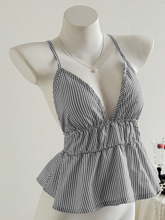 Damen elegantes Oberteil mit V-Ausschnitt und weich fallendem Rüschensaum R&B