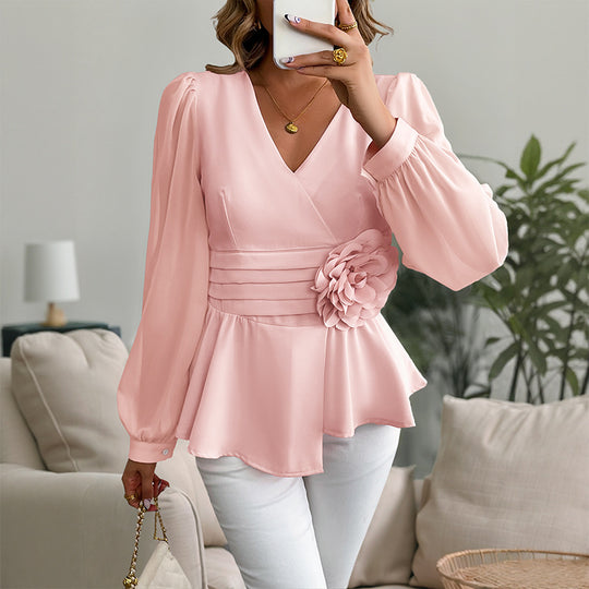 Damen Bluse mit Wickeldesign und dekorativer Blumenapplikation R&B