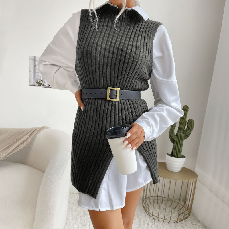 Damen Strickkleid mit Taillengürtel und seitlichen Schlitzen R&B