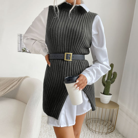 Damen Strickkleid mit Taillengürtel und seitlichen Schlitzen R&B