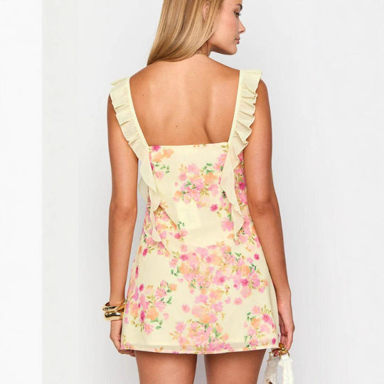 Damen nan tailliertes Minikleid mit Rüschen-Trägern, Schleifen-Detail am Dekolleté und Blumenmuster R&B