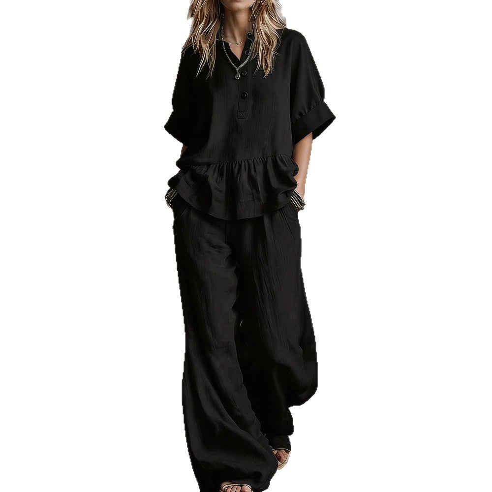 Damen Lässiges Oversize-Hosenanzug mit Wickel-Oberteil R&B