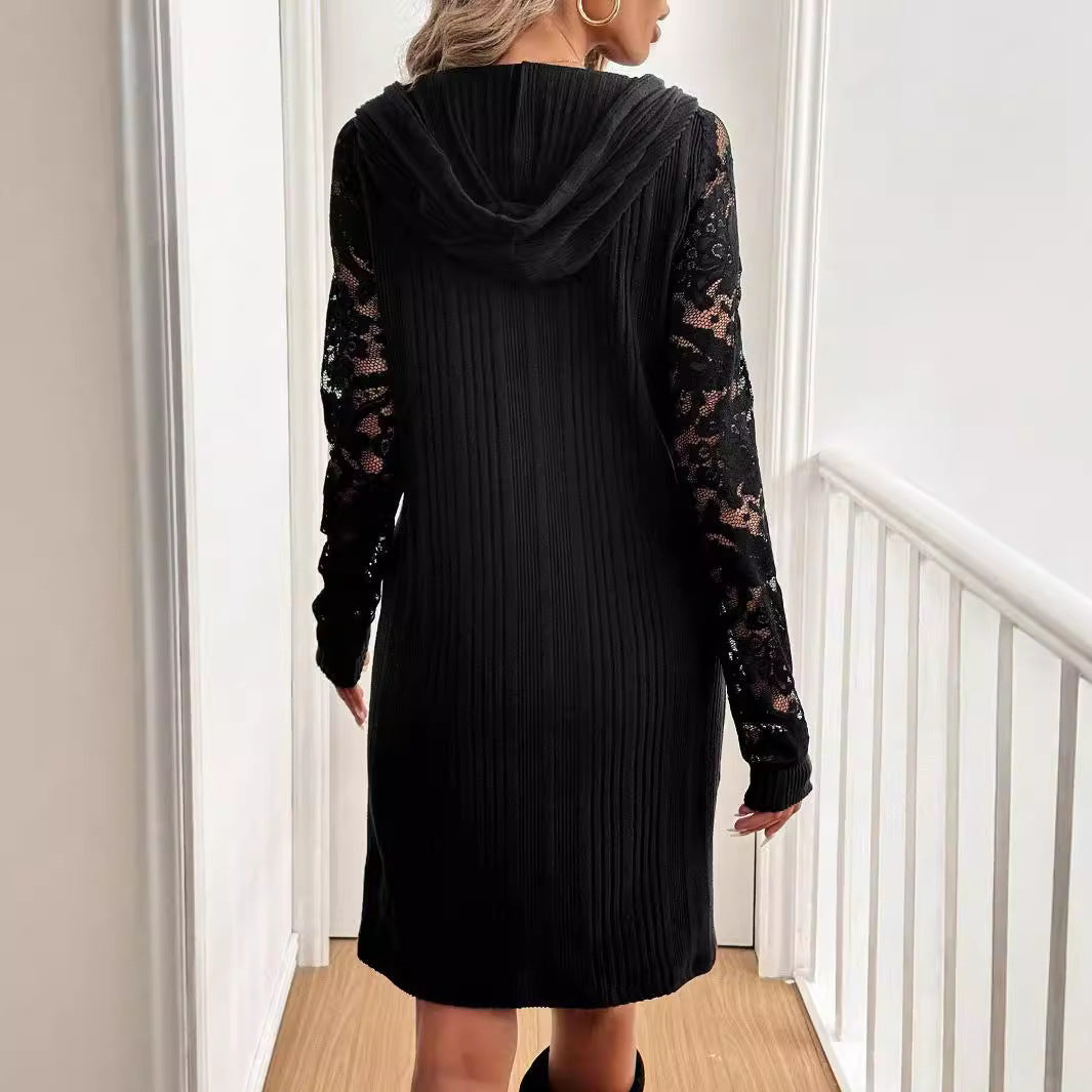 Damen Sweatkleid mit Spitzendetails und Kapuze R&B