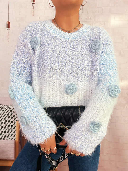 Damen gemütlicher, fluffiger Pullover mit verspielten Blumenapplikationen R&B