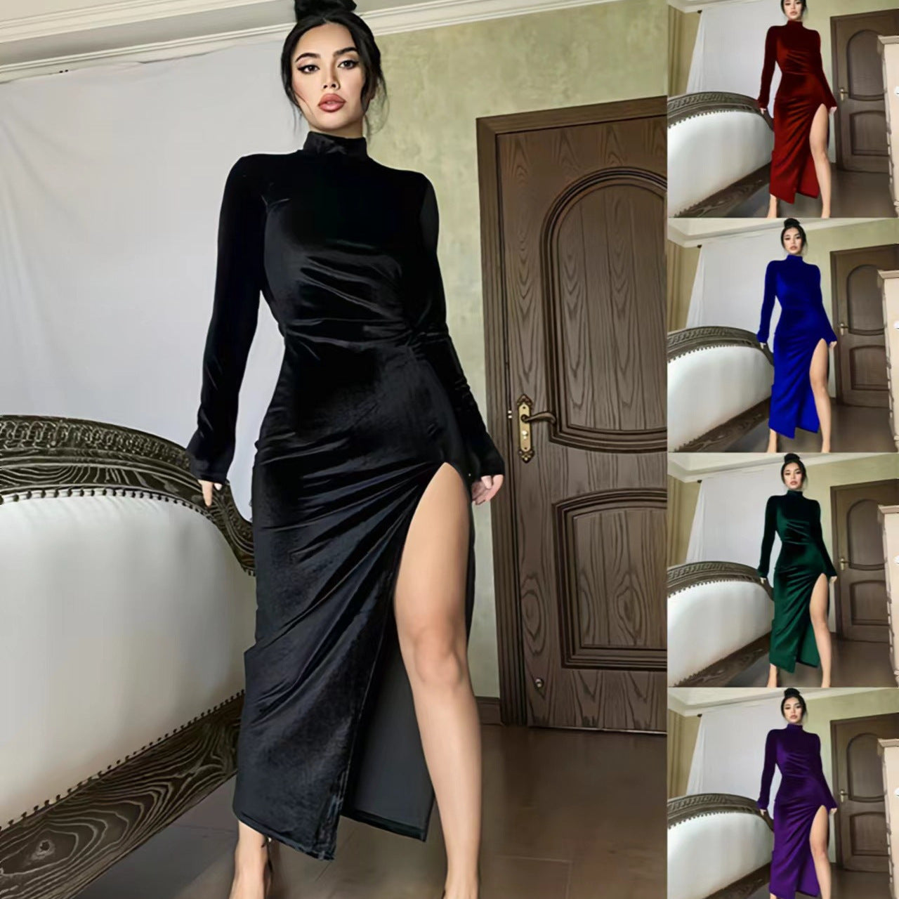 Damen Elegantes Langarm-Wickelkleid aus weichem Veloursstoff mit hohem Schlitz R&B