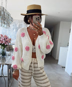 Damen gemütlicher Strickcardigan mit verspielten Blumenapplikationen R&B