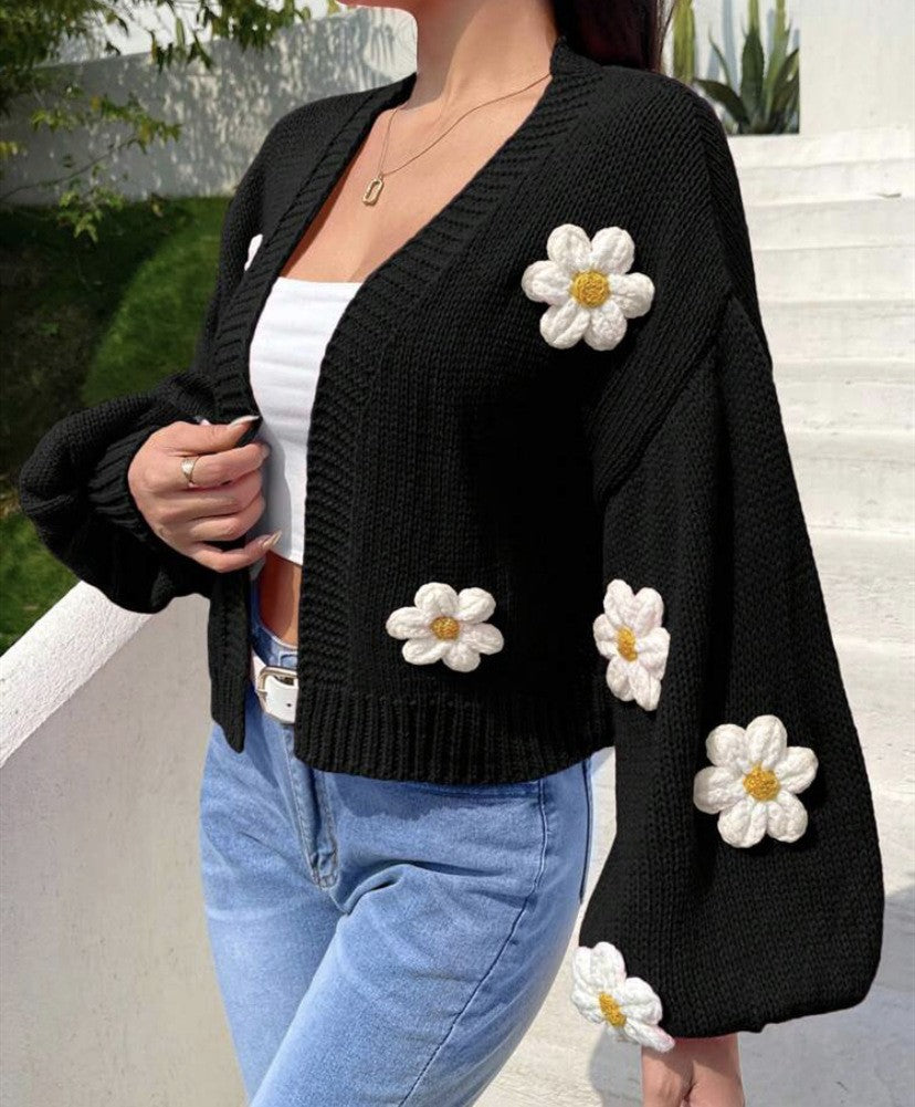 Damen Kurzstrickcardigan mit verspieltem Blumenmuster R&B