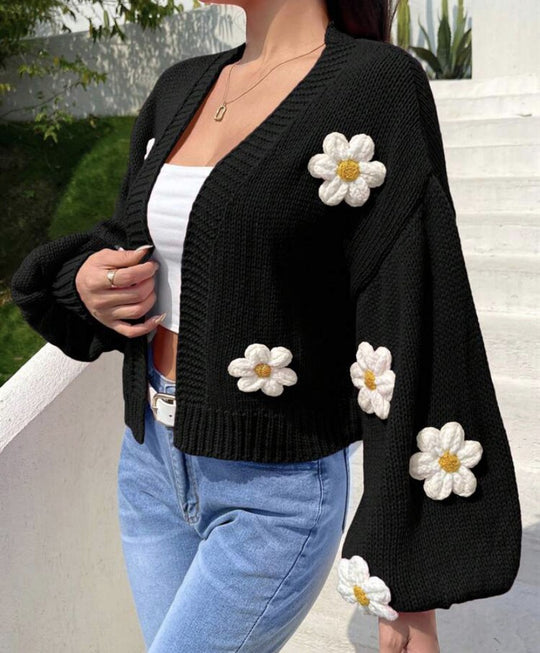 Damen Kurzstrickcardigan mit verspieltem Blumenmuster R&B