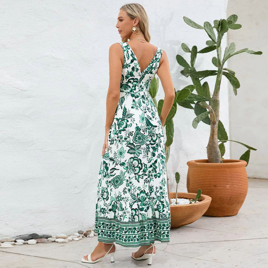 Damen Maxikleid mit floralem Design und tiefem V-Ausschnitt R&B