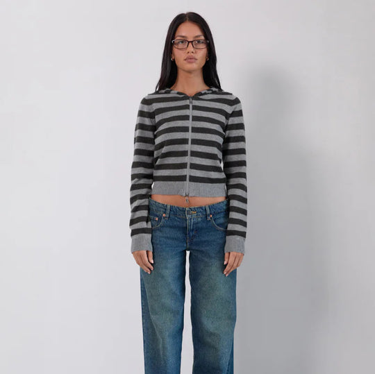 Damen sportliche Strickjacke mit durchgehendem Reißverschluss und Streifenmuster R&B