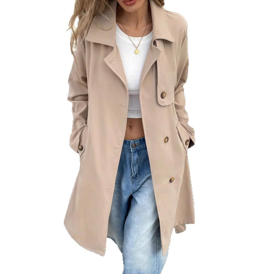 Damen eleganter Trenchcoat im minimalistischen Stil mit Gürtel und praktischen Taschen R&B