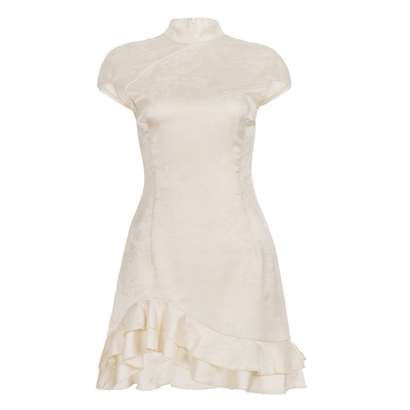 Damen elegant geschnittenes Chiffon-Kleid mit Rüschenkante R&B